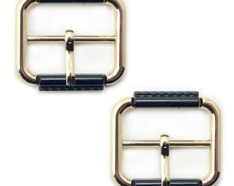 W1588 Set di 2 fibbie in metallo color oro e nero per cinture, borse, ecc. - 32 x 30 mm. Adatto a cinturino da 25 mm