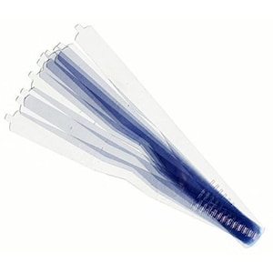 May include: A fan-shaped arrangement of clear, thin plastic strips with a blue-tinted core. The strips are slightly translucent, fanning out from a central point. The ends of the strips have a small, rectangular notch.