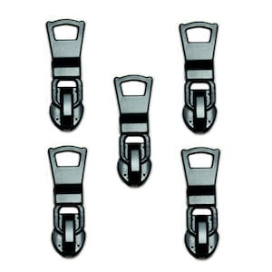 May include: Five black zipper pulls with a metal slider and a loop at the top.