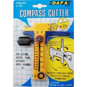 May include: A yellow and blue compass cutter tool for cutting papers, films, leathers, vinyl, and rubber. The package includes spare blades and the tool cuts circles from 10mm to 150mm in diameter. The text on the package reads "Compass Cutter".