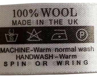 Wash Care Labels 100% Wool, 30 Degree, DO NOT BLEACH, 1 Dots Iron,Dry Clean, 20mmWx67mmL, Roll of 2000 Labels