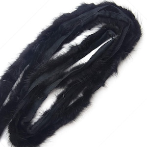 May include: Black fur trim with a satin backing. The fur is soft and fluffy, and the satin is smooth and shiny.