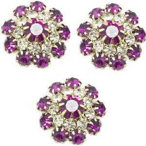 Juego de 3 bonitos botones de cristal magenta y transparente en un ajuste de metal - 20 mm de diámetro