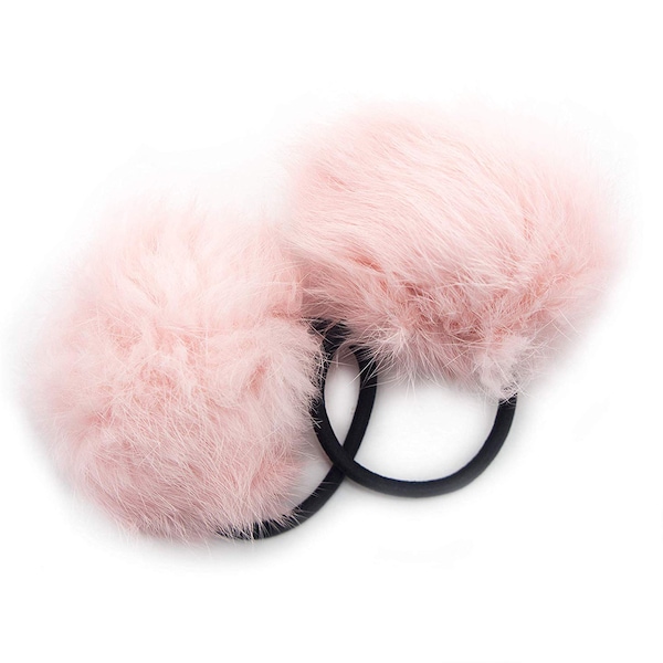 A Pair of Rabbit Fur Baby Pink Pom Pom Hair Bands Ponytail Loops - 2.5 Inch Pom Pom