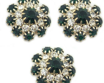 Set of 3 Pretty Emerald Green Crystal Buttons in a Metal Setting - 20 mm Diameter