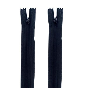 May include: Two navy blue invisible zippers are displayed against a white background. The zippers are closed, showing the top portion with the zipper pull. The fabric is a dark blue color, and the teeth are visible.