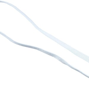 May include: A white elastic band, flat and woven, ideal for sewing or crafts. The band is looped, demonstrating its continuous nature. The material looks to be a robust, flexible fabric, suitable for various applications.