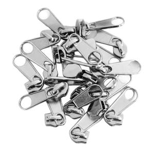 May include: A collection of silver-colored metal zipper pulls, each featuring a long, flat, rectangular tab with a circular hole at the end. These replacement zipper sliders are arranged in a loose, overlapping pile against a white background.