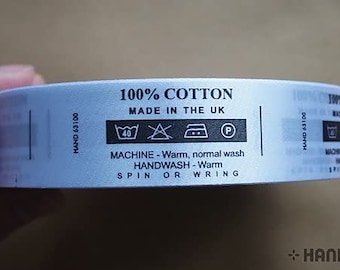 Fabric Printed Wash Care Labels 100% Cotton, 40 Degree, DO NOT Bleach, 2 Dots Iron, Tumble Dry, 25mmWx61mmL, Roll of 2000 Labels