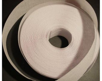 May include: A roll of white, textured ribbon, tightly wound with a visible core. The ribbon is a light, neutral colour, and the edges are slightly frayed. The image is a close-up, highlighting the texture and form of the ribbon.