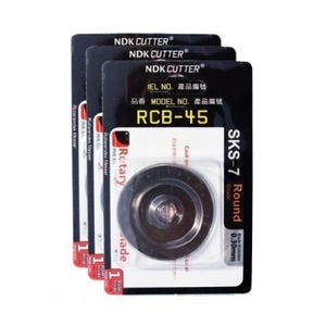 May include: Three packs of NDK CUTTER RCB-45 rotary blades. Each pack has a black and white label with the brand name, model number, and blade specifications. The blades are round, silver, and 0.30mm thick.