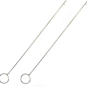 May include: Two long, slender silver-colored metal latch hooks, each featuring a straight shaft, a small hook at the top end, and a circular ring handle at the bottom end, designed for crafting and textile projects.
