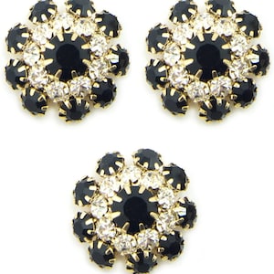 Set of 3 Black and Clear Crystal Buttons in a Metal Setting - 20 mm Diameter