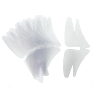 May include: A collection of clear, adhesive, bra-like shapes, designed to lift and support. The transparent material is arranged in a fan-like pattern, with some pieces overlapping. The overall effect is a clean, minimalist aesthetic, suitable for various clothing styles.