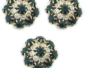 Set of 3 Large Emerald Green Crystal Buttons in a Metal Setting - 22 mm Diameter