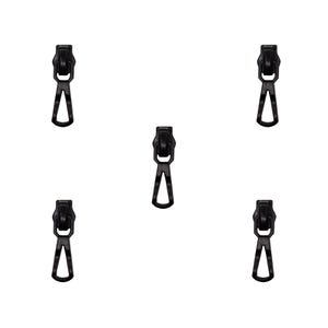 May include: Five black zipper pulls on a white background. Each pull has a rectangular top and a triangular pull tab. The pulls are evenly spaced and appear to be made of metal.