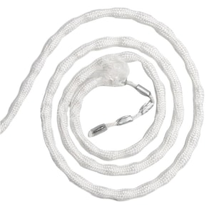 May include: A coiled white rope with a woven texture. The rope has a small, clear plastic piece and several silver-coloured metal clasps attached. The rope is against a white background.