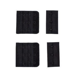 May include: Black bra extender set. The set includes two hook-and-eye extensions with three rows of hooks and two with two rows of hooks. The extensions are made of a soft, fabric material.