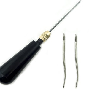 May include: A black handled leather sewing awl with a metal tip and three interchangeable needles. The needles are curved and have different sizes.