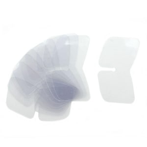 May include: A collection of clear, transparent, plastic adhesive nipple covers. The covers are shaped to fit the nipple area and are designed to be discreet under clothing. The image shows a stack of covers and one individual cover.