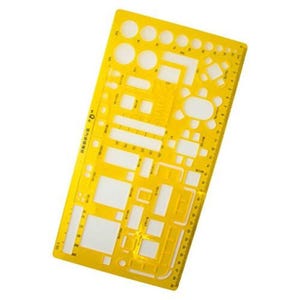 May include: A yellow drafting template with various geometric shapes and a ruler edge. The template includes circles, rectangles, and other forms for architectural or engineering drawings. The tool is made of a translucent yellow plastic.