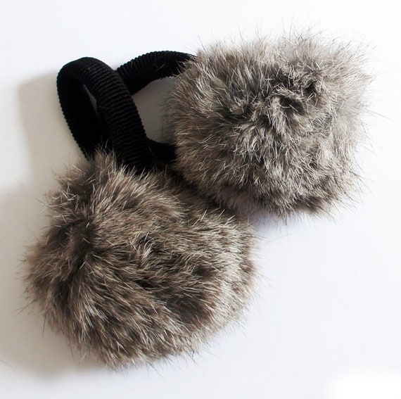 Echtes Kaninchenfell-Pompon Haarband – Grau, 2,5 Zoll Pompons, Paar