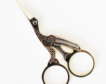 Classic Forged Stork Embroidery Manicure Scissors, Gold Plated Finish 9cm