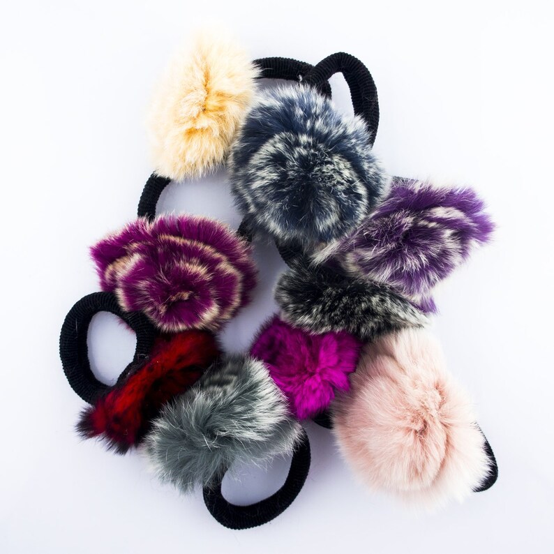 70 mm Diameter A Pair of Luxury Rabbit Fur Pompom Hair Bands in a Rosette Flower Design