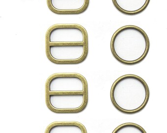 May include: Four sets of antique gold metal buckle closures. Each set includes a square buckle with a center bar and a round ring.