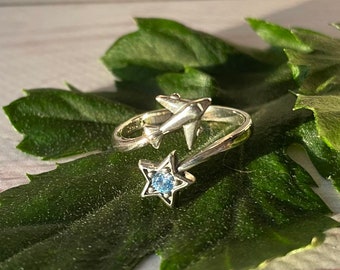 Anillo de plata con avión y preciosa piedra preciosa azul Regalo para azafata, anillo de azafata Plata 925 Regalo para piloto Anillo de avión Anillo estrella