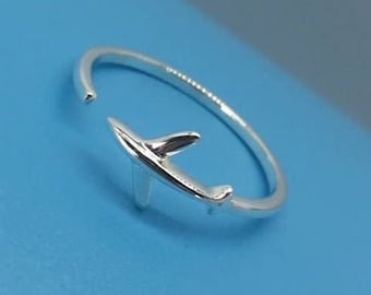 Anillo de plata con avión Regalo para azafata Anillo de plata 925 anillo de viaje con avión Aviation Jewelry Gift para piloto y personas que aman el cielo