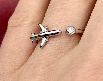 Anillo de plata con avión Anillo de avión Anillo de avión Regalo de avión de plata para azafata Anillo de viaje Plata 925 Joyería de aviación Regalo para piloto