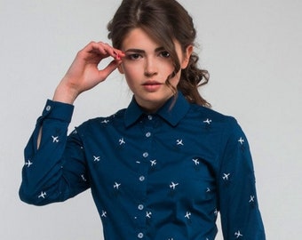 Women&#39;s shirt with embroidered airplanes, Shirt with planes, GIFT for stewardess, GIFT for flight attendant, Present aircraft Gift for Pilot
