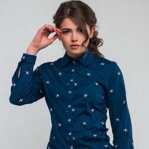 Women&#39;s shirt with embroidered airplanes, Shirt with planes, GIFT for stewardess, GIFT for flight attendant, Present aircraft Gift for Pilot