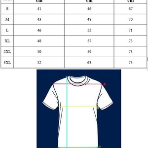 May include: Size chart for a t-shirt with measurements in centimeters for shoulder width, chest width, and length. Sizes include S, M, L, XL, 2XL, and 3XL.
