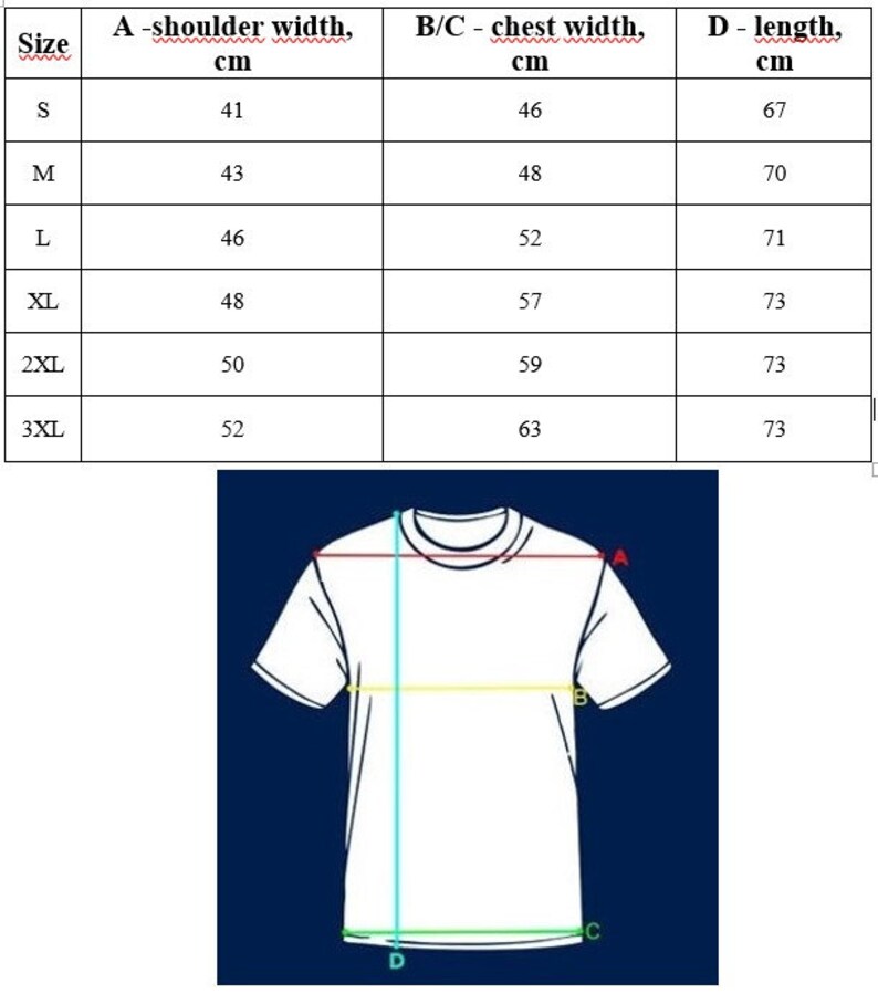 May include: Size chart for a t-shirt with measurements in centimeters for shoulder width, chest width, and length. Sizes include S, M, L, XL, 2XL, and 3XL.