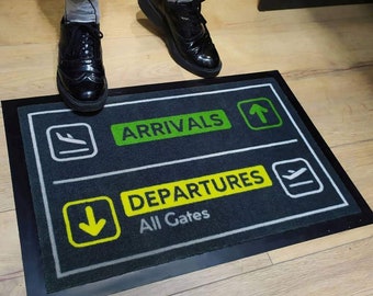 Entrance mat Arrivals and Departures. Doormat aviation. Welcome mat with plane.