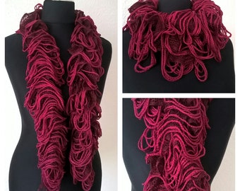 Schal handgestrickt- Effekt Wolle in den Farben Weinrot/Burgund-125 cm lang