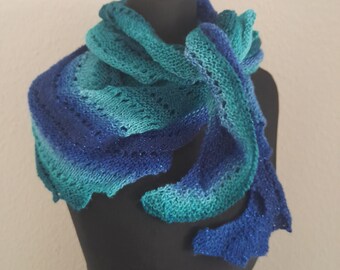 Kleines Halstuch--Gestrickt--Blau/Grün mit Glitzer