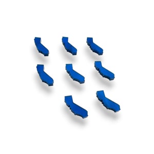 May include: Eight blue California state outline shapes, each with a slightly different angle, are arranged in a scattered pattern on a white background.