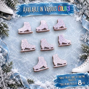 May include: Eight small, light purple ice skate-shaped cutouts with a glittery texture. The text at the top reads "AVAILABLE IN VARIOUS COLORS" and the text at the bottom reads "GREAT FOR ALL KINDS OF CRAFTING PROJECTS!" and "SOLD IN MULTIPLES OF 8 PCS".