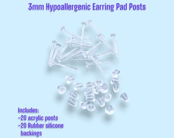 Hypoallergenic Clear Pad Posts with Rubber Silicone Backs / Ear Nuts, Earring Trays 12mm x 3mm, 18 gauge, includes: 20 Posts & 20 Ear Nuts