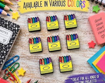 Crayon Box Cabochons – Laser Cut Acrylic (8pcs) Teacher Desk Decor Bit, Back-to-School Gift Tags, Rainbow Craft Charms, Art Reward Tokens