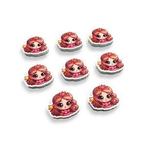 May include: Eight small, white, round, resin cabochons with a cartoon image of a princess with brown hair, a pink dress, and a gold crown. Each princess is holding a gold wand.