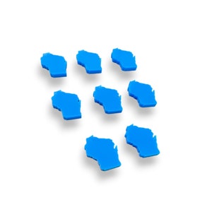 May include: Eight blue Wisconsin state outline shapes, each with a slightly different angle, are arranged in a scattered pattern on a white background.