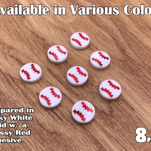 May include: Eight white baseball stickers with red stitching. The stickers are prepared in milky white solid with a glossy red adhesive.  8 PIECES