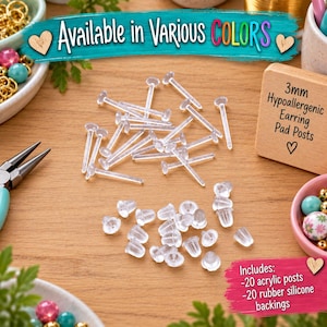 May include: A collection of clear 3mm hypoallergenic earring pad posts and rubber silicone backings. The set includes 20 acrylic posts and 20 rubber silicone backings. A wooden block is labeled 3mm Hypoallergenic Earring Pad Posts.
