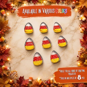 May include: Eight triangular candy corn-shaped ornaments featuring a glittery finish in horizontal bands of white, orange, and yellow. The text reads AVAILABLE IN VARIOUS COLORS and GREAT FOR ALL KINDS OF CRAFTING PROJECTS! SOLD IN MULTIPLES OF 8 PCS.