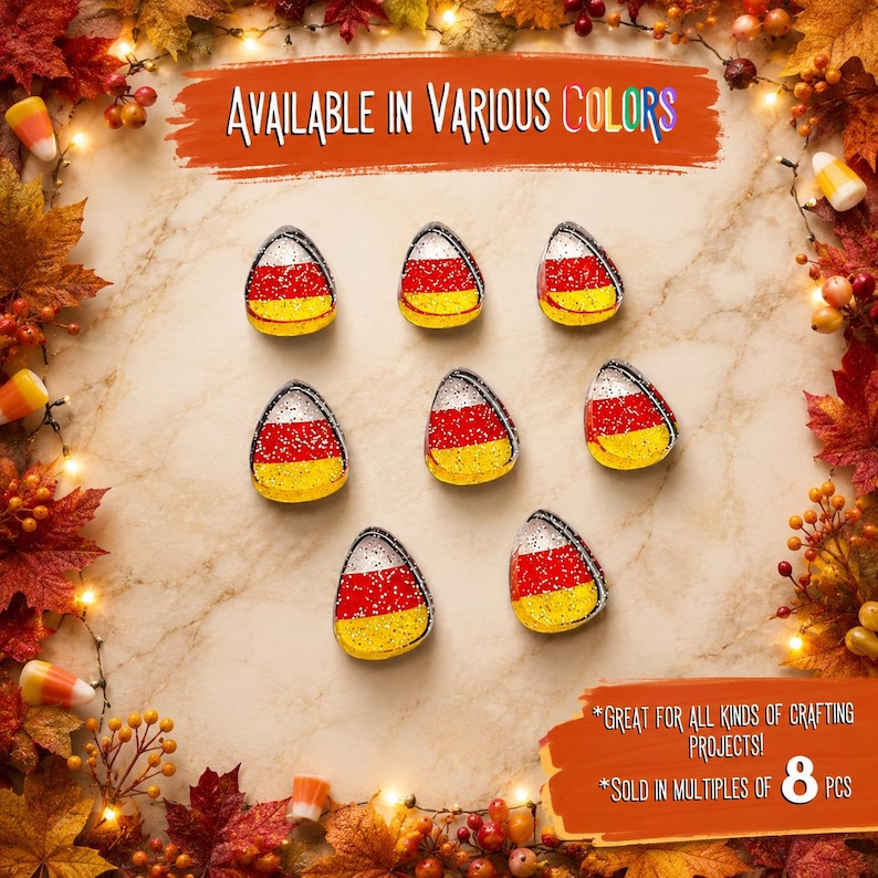 May include: Eight triangular candy corn-shaped ornaments featuring a glittery finish in horizontal bands of white, orange, and yellow. The text reads AVAILABLE IN VARIOUS COLORS and GREAT FOR ALL KINDS OF CRAFTING PROJECTS! SOLD IN MULTIPLES OF 8 PCS.