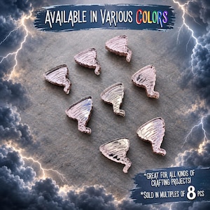 May include: Seven rose gold-toned tornado-shaped embellishments arranged in a cluster. The text at the top reads AVAILABLE IN VARIOUS COLORS and the text at the bottom reads GREAT FOR ALL KINDS OF CRAFTING PROJECTS! and SOLD IN MULTIPLES OF 8 PCS.